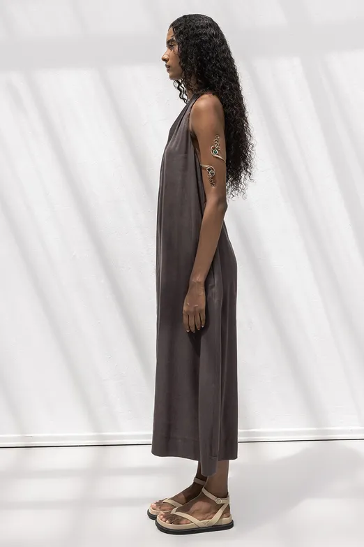 Bayan Kahverengi Oversize Keten Karışım Midi Elbise - BSL