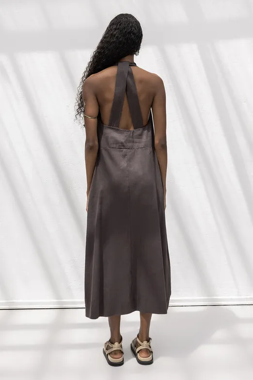 Bayan Kahverengi Oversize Keten Karışım Midi Elbise - BSL