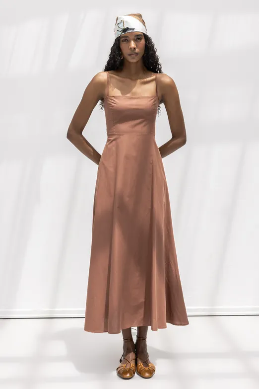 Bayan Kahverengi Askılı Volanlı Midi Elbise - BSL