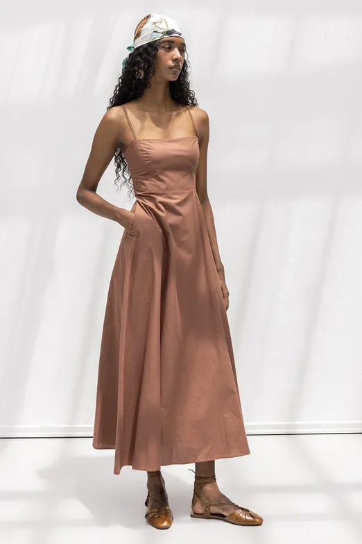 Bayan Kahverengi Askılı Volanlı Midi Elbise - BSL