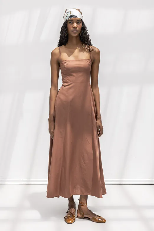 Bayan Kahverengi Askılı Volanlı Midi Elbise - BSL