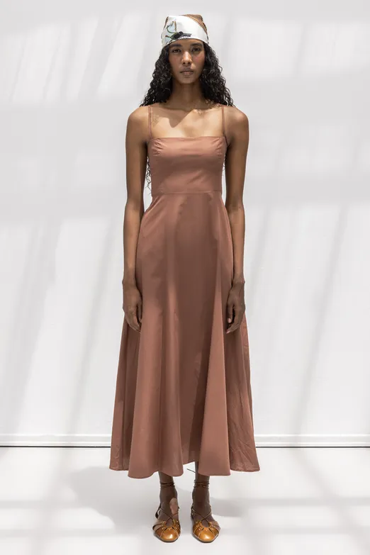 Bayan Kahverengi Askılı Volanlı Midi Elbise - BSL