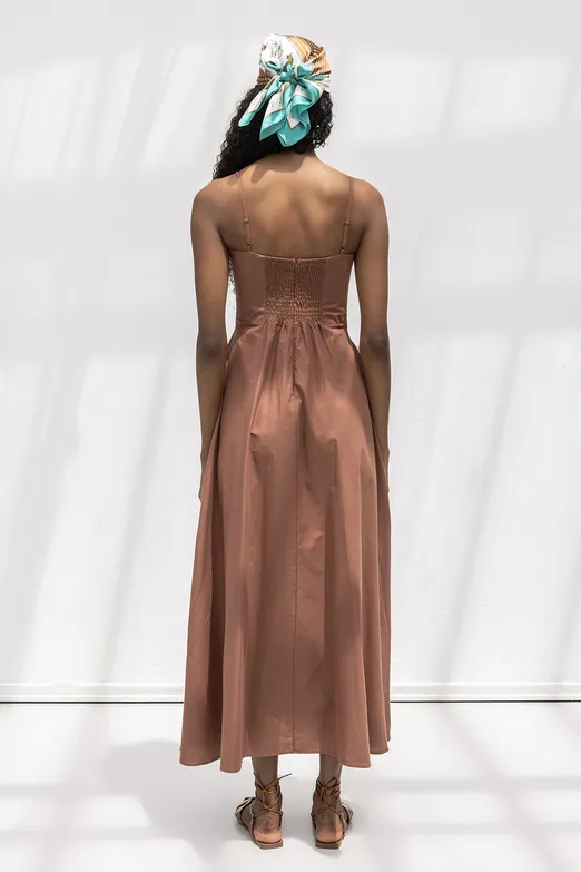 Bayan Kahverengi Askılı Volanlı Midi Elbise - BSL