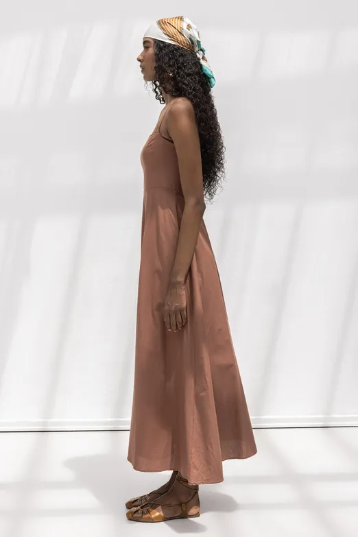 Bayan Kahverengi Askılı Volanlı Midi Elbise - BSL