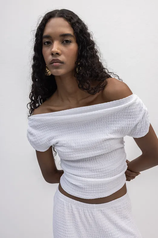 Bayan Beyaz Dokulu Carmen Yaka Bluz - BSL