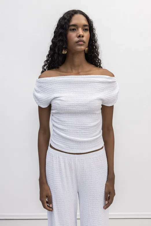 Bayan Beyaz Dokulu Carmen Yaka Bluz - BSL