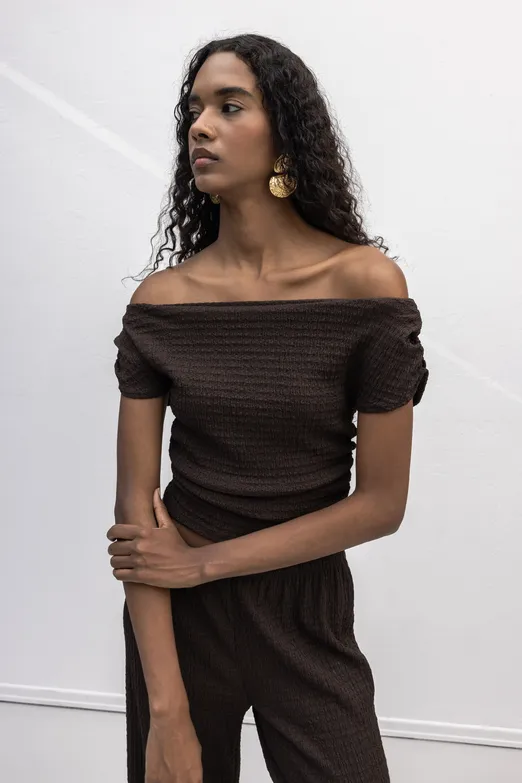 Bayan Kahverengi Dokulu Carmen Yaka Bluz - BSL