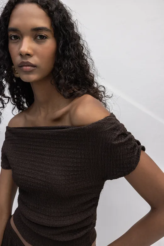 Bayan Kahverengi Dokulu Carmen Yaka Bluz - BSL