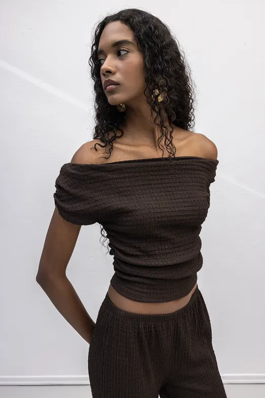 Bayan Kahverengi Dokulu Carmen Yaka Bluz - BSL