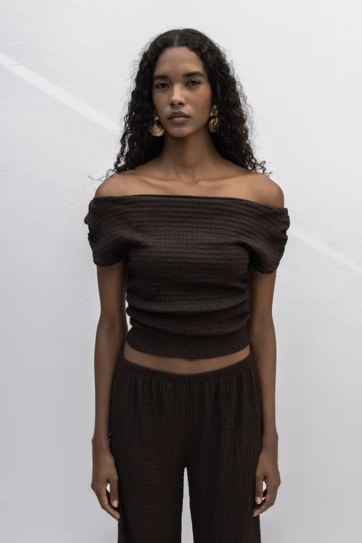 Bayan Kahverengi Dokulu Carmen Yaka Bluz - BSL