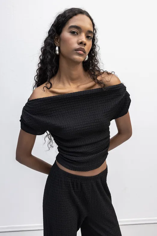 Bayan Siyah Dokulu Carmen Yaka Bluz - BSL