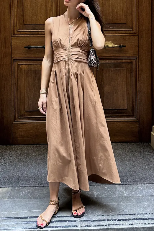 Bayan Camel Piliseli Cotton Midi Elbise - BSL