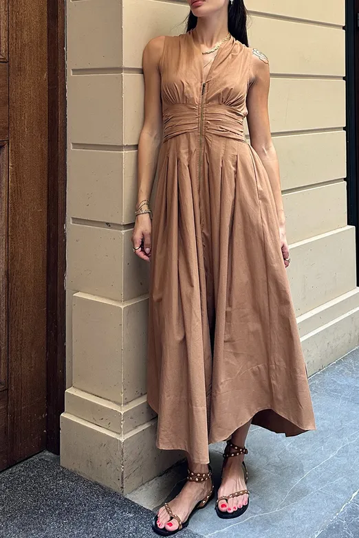 Bayan Camel Piliseli Cotton Midi Elbise - BSL