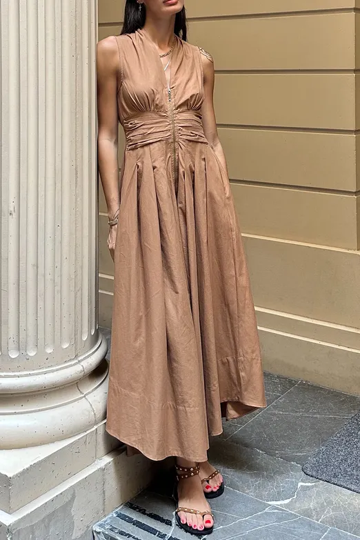 Bayan Camel Piliseli Cotton Midi Elbise - BSL