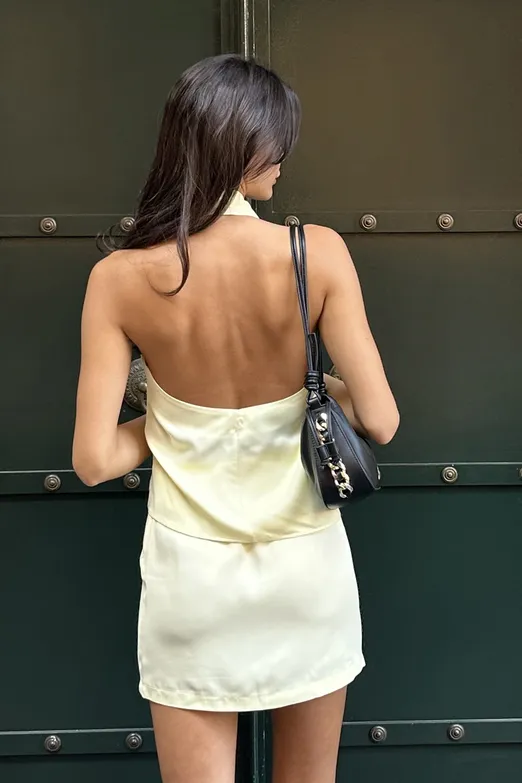 Bayan Sarı Saten Çapraz Bağlamalı Bluz - BSL