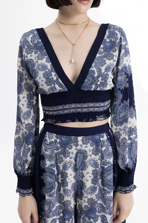 Bayan Lacivert Derin V Yaka Detaylı Desenli Bluz - BSL