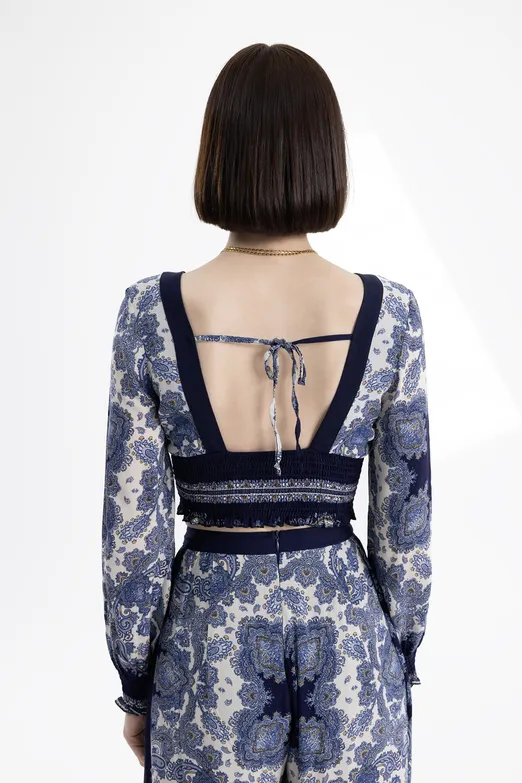 Bayan Lacivert Derin V Yaka Detaylı Desenli Bluz - BSL