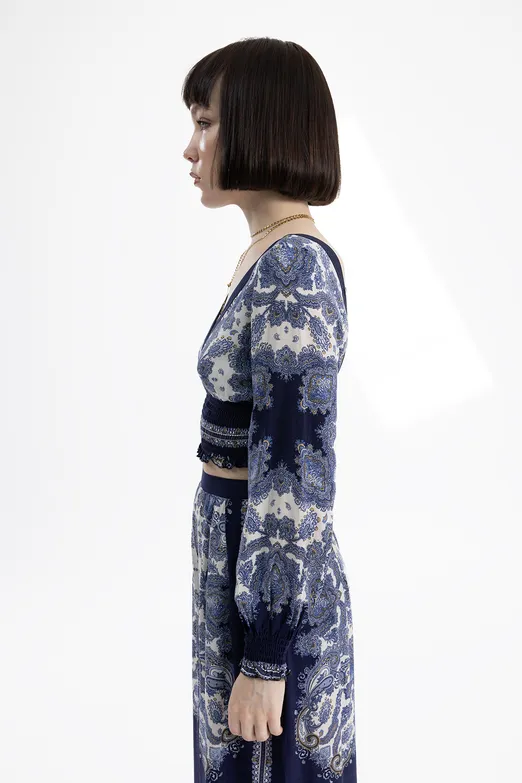 Bayan Lacivert Derin V Yaka Detaylı Desenli Bluz - BSL