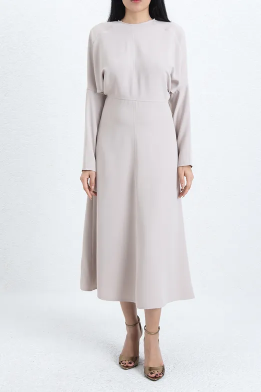 Bayan Bej Yarasa Kollu Volanlı Midi Elbise - BSL