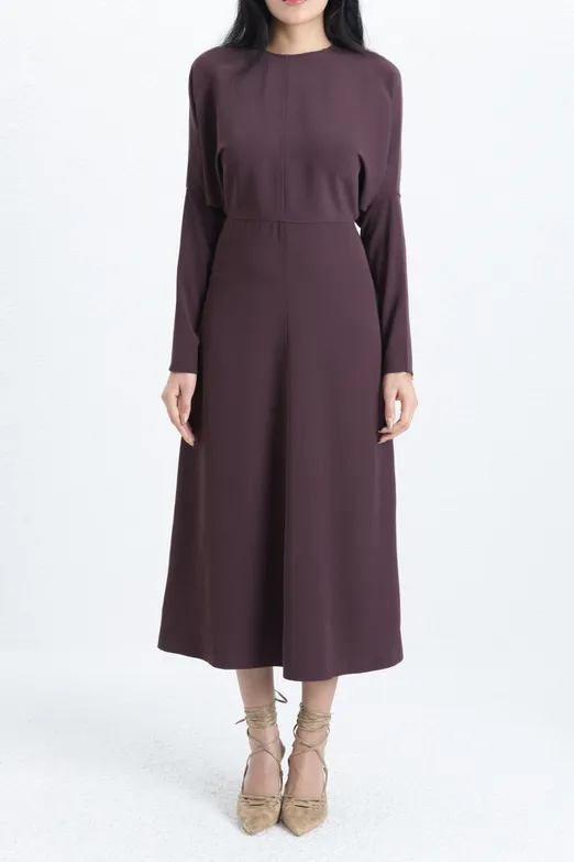 Bayan Kahverengi Yarasa Kollu Volanlı Midi Elbise - BSL