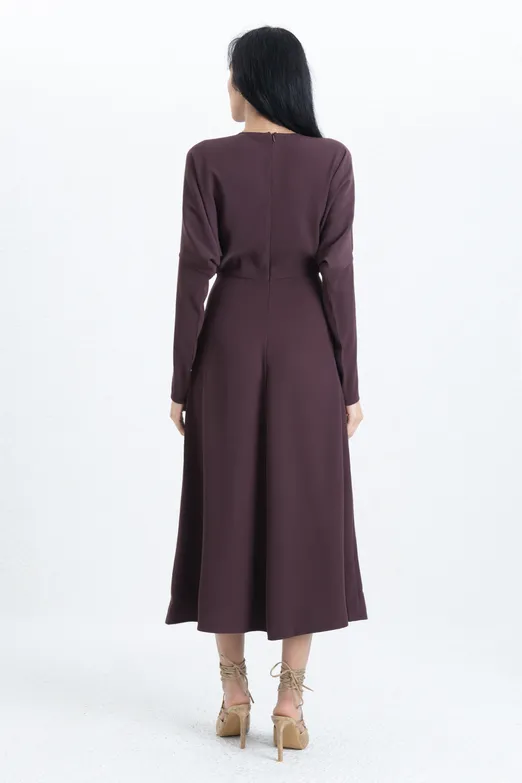 Bayan Kahverengi Yarasa Kollu Volanlı Midi Elbise - BSL