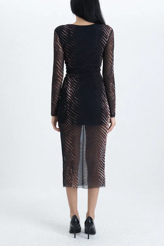 Bayan Siyah Drapeli Tül Midi Elbise - BSL