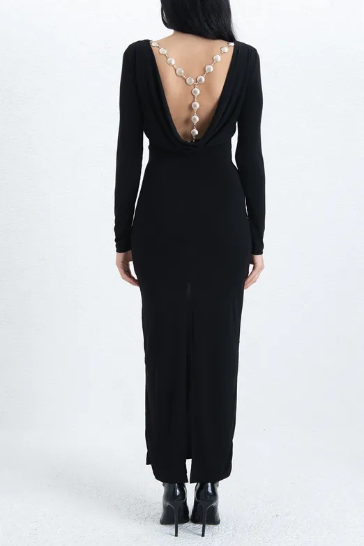 Bayan Siyah Arka Metal Aksesuarlı Midi Elbise - BSL