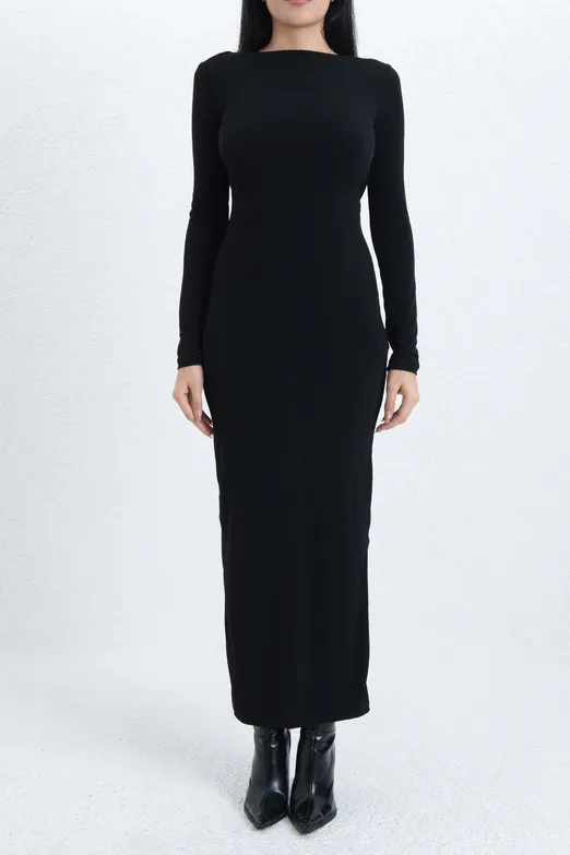 Bayan Siyah Arka Metal Aksesuarlı Midi Elbise - BSL