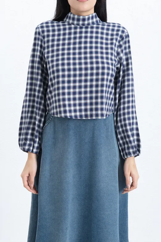 Bayan Lacivert Ekoseli Poplin Bluz - BSL