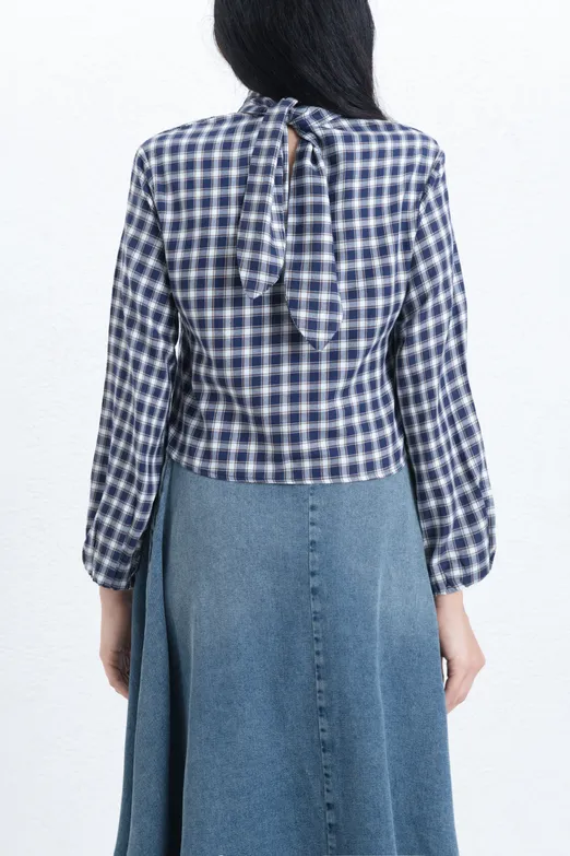 Bayan Lacivert Ekoseli Poplin Bluz - BSL