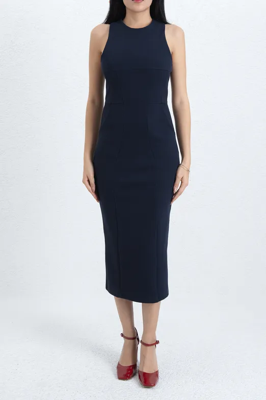 Bayan Lacivert Kolsuz Midi Kalem Elbise - BSL