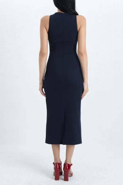 Bayan Lacivert Kolsuz Midi Kalem Elbise - BSL