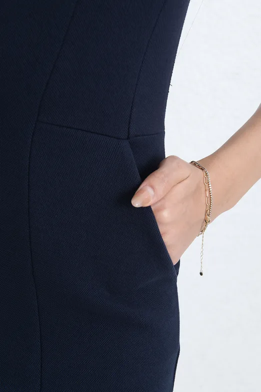 Bayan Lacivert Kolsuz Midi Kalem Elbise - BSL