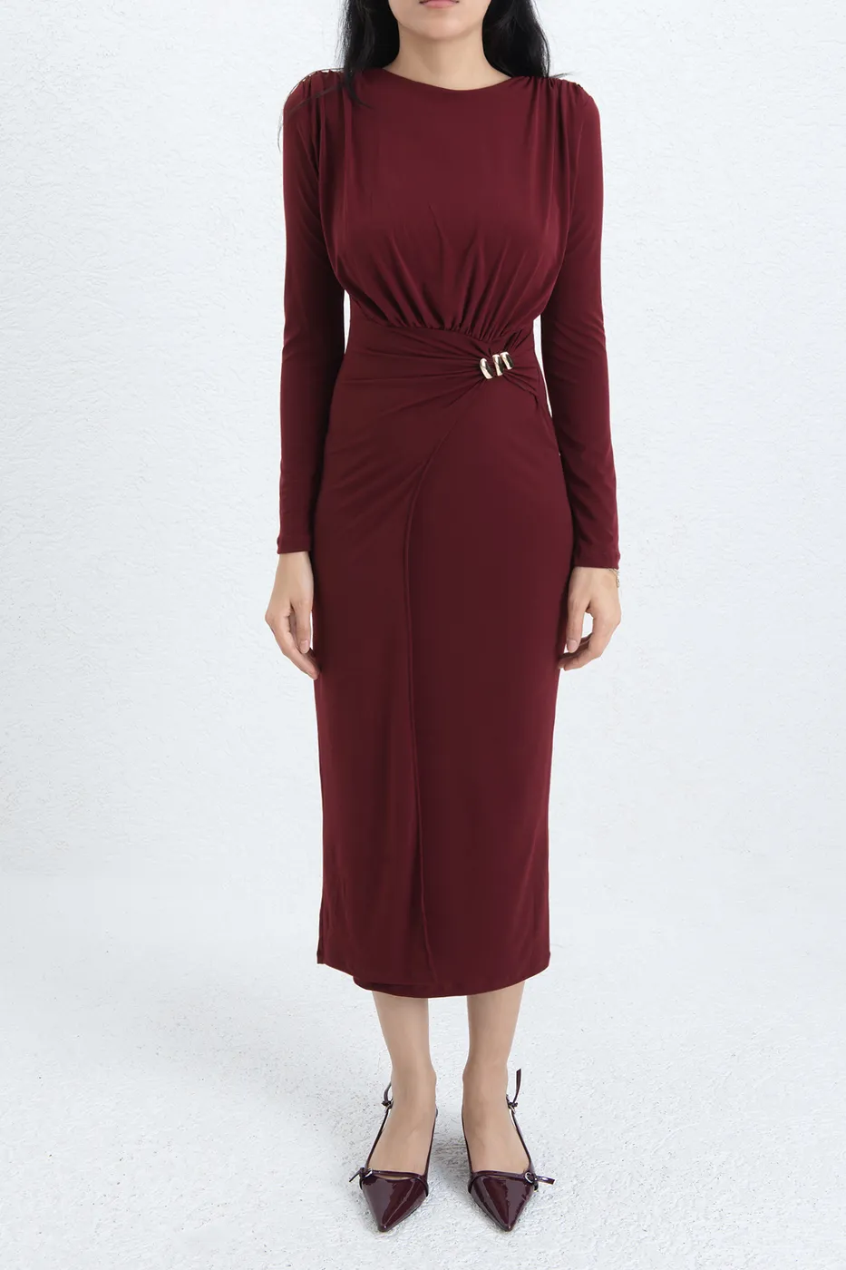 Bayan Bordo Toka Detaylı Midi Elbise