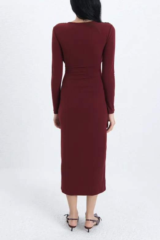 Bayan Bordo Toka Detaylı Midi Elbise - BSL
