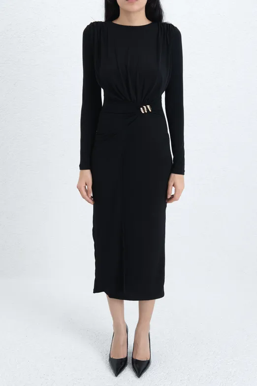 Bayan Siyah Toka Detaylı Midi Elbise - BSL