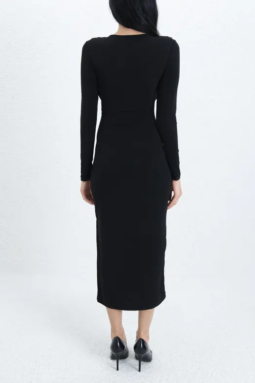 Bayan Siyah Toka Detaylı Midi Elbise - BSL